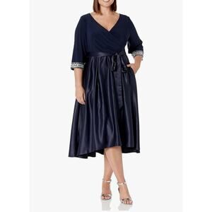 Alex Evenings Satin Ballgown Dress with Sleeve, Navy Beaded, Plus Size 20 W